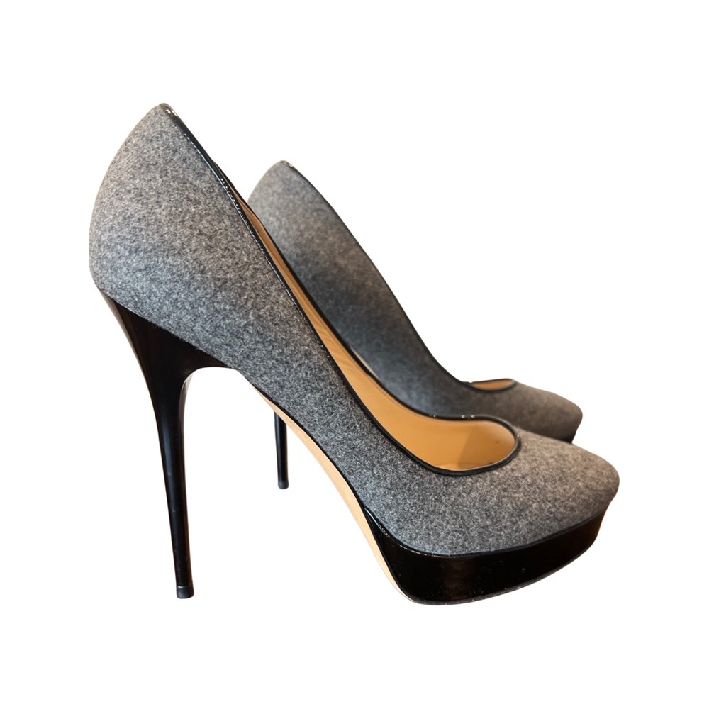 JIMMY CHOO Award grey flannel/ black patent heels